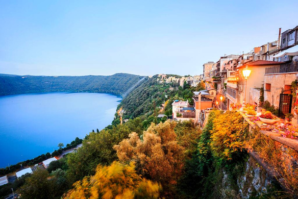 Albano Lake shore and city of Castel Gandolfo, Lazio, Italy, Europe - 写真・画像