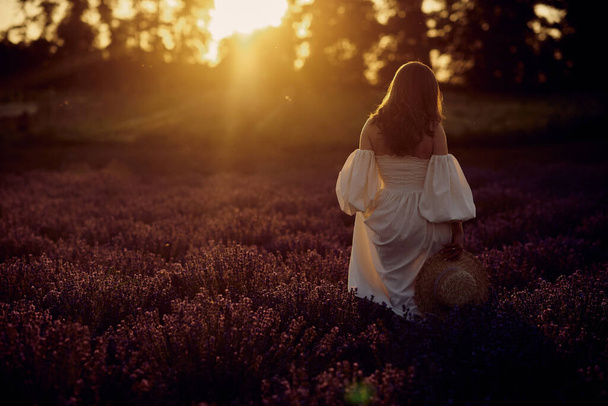 the pregnant girl with a hat in the lavender field on a sunset - Photo, Image