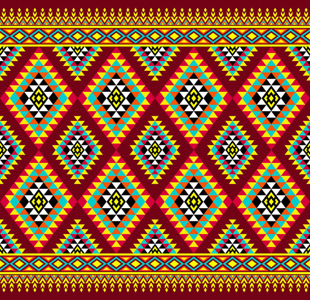 Padrão sem costura étnica de triângulo geométrico de simetria verde alaranjado Design em fundo vermelho. Bordado oriental estilo romboide - Vetor, Imagem