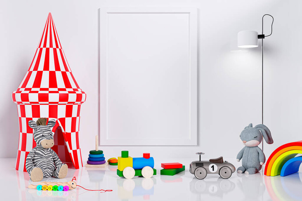 Mockup picture frame in a kid play room. 3d rendered illustration. - Foto, Imagem