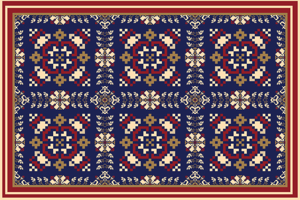 Beautiful red floral seamless pattern on blue background,geometric ethnic oriental pattern traditional.Aztec style,abstract,vector,illustration.design for texture,fabric,clothing,wrapping,carpet,print - Vector, Image