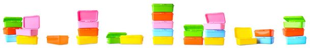 Set of plastic lunch boxes on white background - Photo, Image