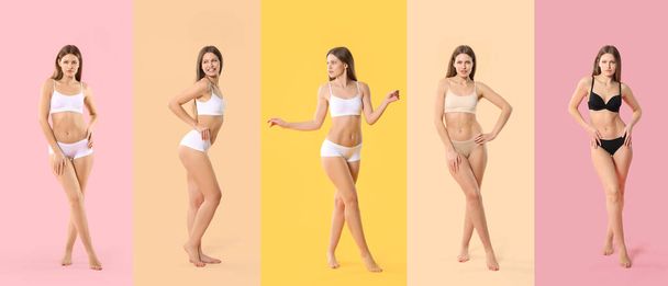 Collage of young slim woman in underwear on color background. Diet concept - Zdjęcie, obraz