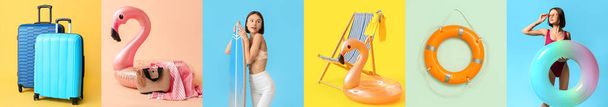 collage de verano con mujer joven, anillos inflables, maletas, tabla de surf y silla de cubierta sobre fondo de color - Foto, Imagen
