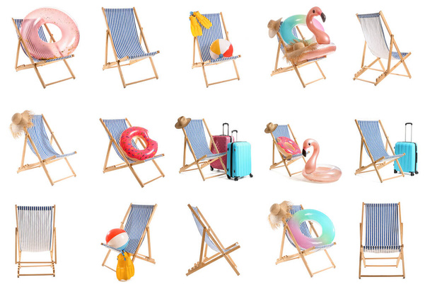 Set of deck chairs, luggage and beach accessories isolated on white - Fotografie, Obrázek