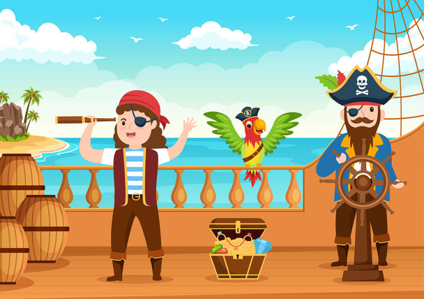 Cute Pirate Cartoon Character Illustration with Wooden Wheel, στήθος, Vintage Καραϊβική, Πειρατές και Jolly Roger on Ship on Sea or Island - Διάνυσμα, εικόνα