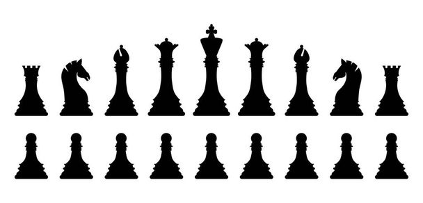Černá silueta šachové figurky nastavit izolované na bílém pozadí. Šachové ikony. Král, královna, věž, rytíř, biskup, pěšák. Vektorová ilustrace pro návrh - Vektor, obrázek