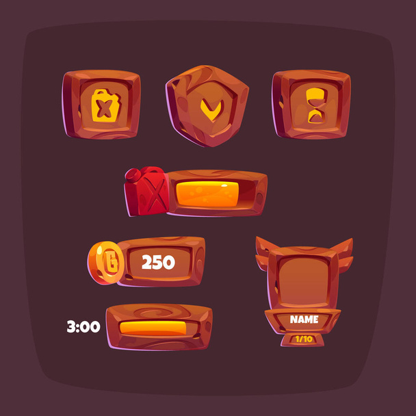 Wooden game buttons, cartoon menu interface, avatar frame, score, level and processing bar wood textured boards, ui or gui graphic design elements, fuel, time, shield isolated 2d vector icons set - Vektor, obrázek