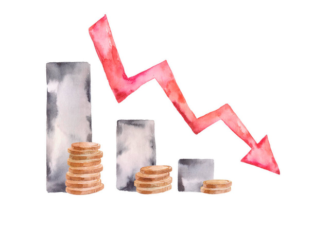 Inflation. Watercolor illustration. The recession of the economy and the euro. The concept of economic collapse and the collapse of the stock exchange in the euro zone. Stacks of coins and a graph arrow pointing down. - Fotoğraf, Görsel