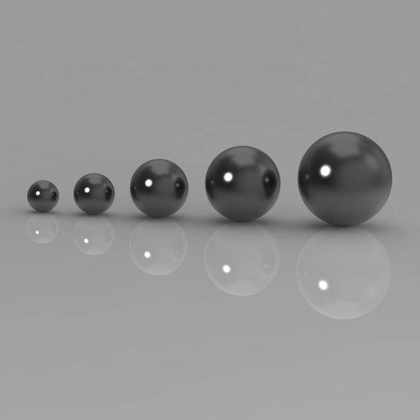 five glass balls of different sizes. balls of different sizes on a gray background. the concept of growth in anything. profit increase. Square image. 3d image. 3d rendering. - Φωτογραφία, εικόνα