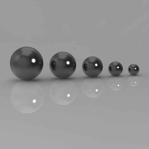 пять стеклянных шариков разных размеров. шары разных размеров на сером фоне. концепция роста во всем. увеличение прибыли. Квадратное 3d image. 3d-рендеринг. - Фото, изображение