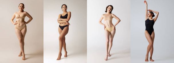 Diversity. Collage of portraits of young beautiful women wearing underwear posing isolated over grey background. Wellness, wellbeing, fitness, body positive, authenticity concept. - Photo, image