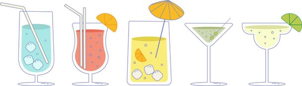 cinco cócteles tropicales. bebidas alcohólicas vectoriales. ilustración colorida - Vector, imagen