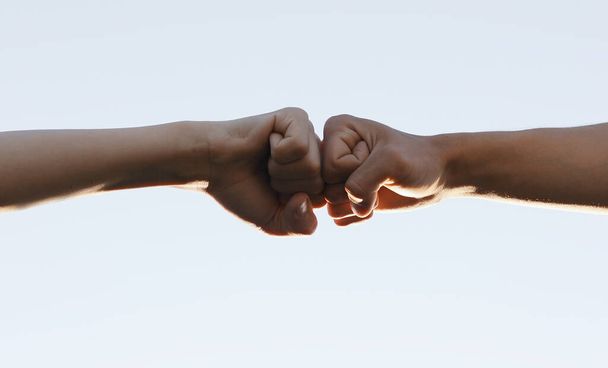 social distance. teamwork. fist to fist commit a respect and brotherhood gesture. business team hands fists. partnership friendship teamwork solidarity social distance. - Photo, Image