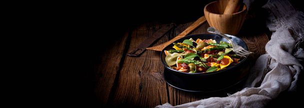 Pasta salad with green asparagus, olives and parma ham - Photo, Image