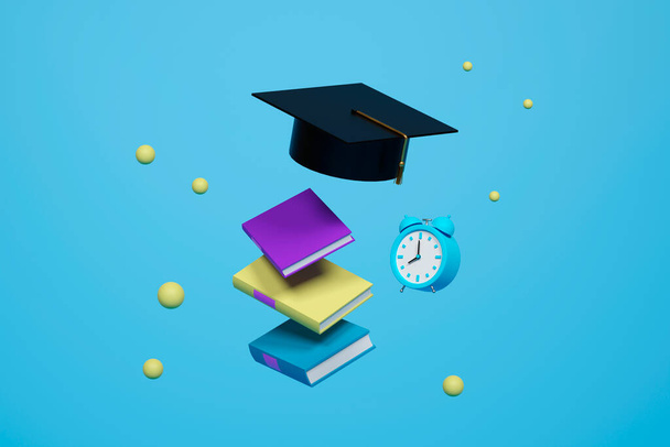 minimalist yellow balls, books and graduation cap floating in the air on blue background. 3d illustration - Photo, image