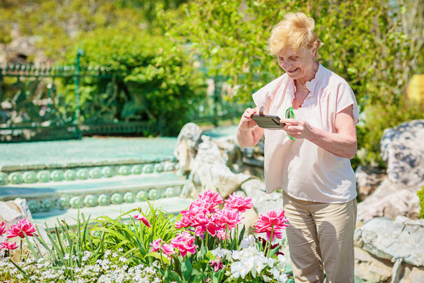 Пожилая восторженная женщина фотографирует красивые цветы тюльпанов по телефону в парке. - Фото, изображение