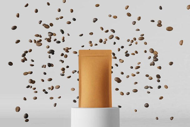 Paper pouch bag mockup flying coffee beans matte podium white background 3D render. Merchandise advertising packaging design. Blank kraft pack sachet product template. Cafe sale delivery demonstration - Foto, Bild