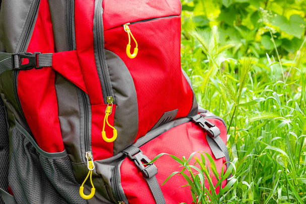Hiking backpack in green grass. Backpack at a halt in the camp. High quality photo - Foto, Imagen