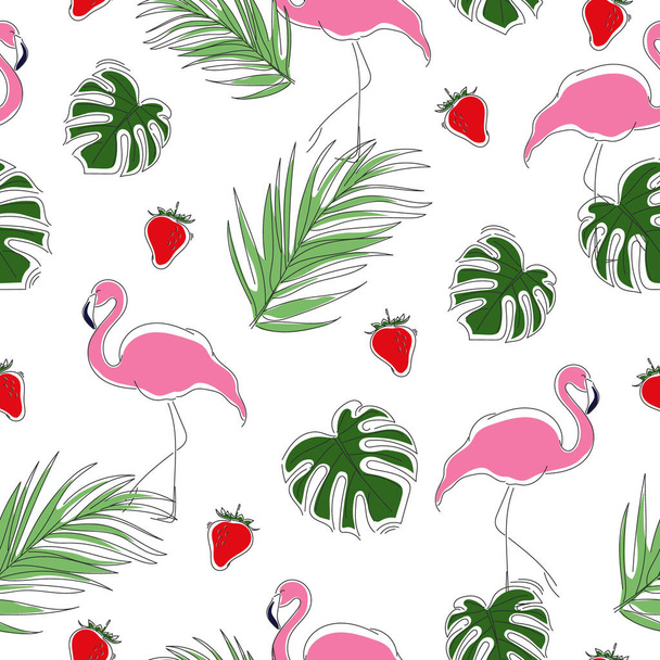 Seamless summer pattern of tropical plants, flamingo and strawberry. Monstera and palm tree. Vector illustration in doodle style. Prints, textiles, packaging design and wallpapers. - Vector, Image