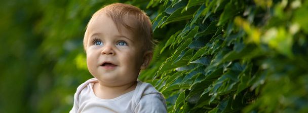 Cheerful smiling baby, little boy sitting on the lawn. Selective focus. - 写真・画像
