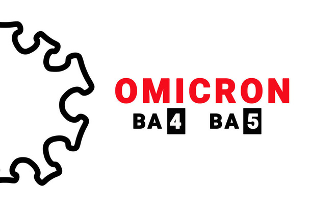 Inscripción Omicron Ba4 Ba5 sobre fondo blanco con modelo de cepa de virus abstracto. Omicron Ba es una subvariante del coronavirus COVID-19 mutaciones. Nueva variante pandémica 2022 - Foto, imagen