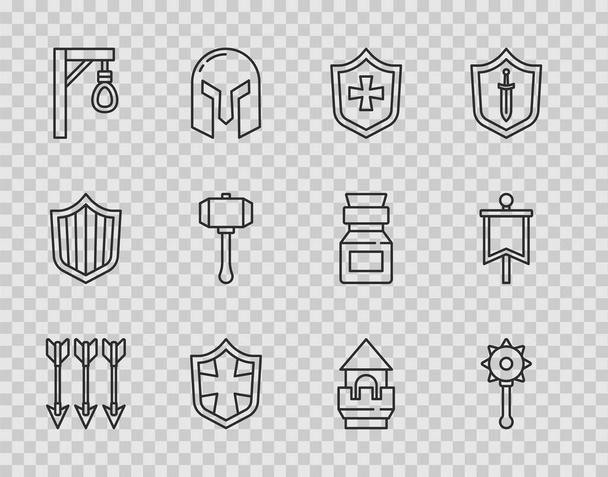 Set line Crossed arrows, Medieval chained mace ball, Shield, Gallows, Hammer, Castle tower and flag icon. Vector - Vector, afbeelding
