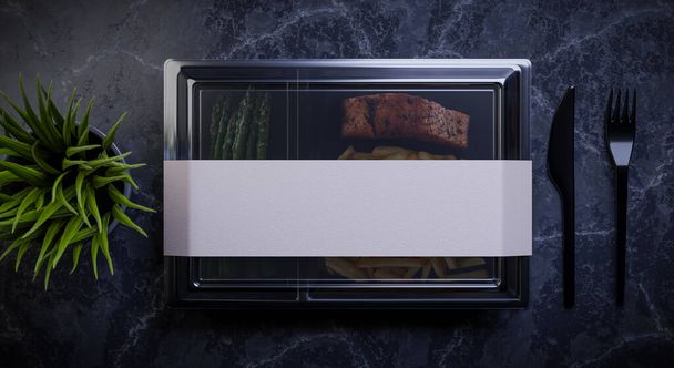 Dietary catering box label template - salmon, fries and asparagus inside - 3d illustration - Valokuva, kuva