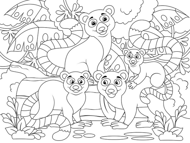 Семья лемуров в лесу. Зоопарк с животными. Растерная иллюстрация, страница для детской раскраски. - Фото, изображение