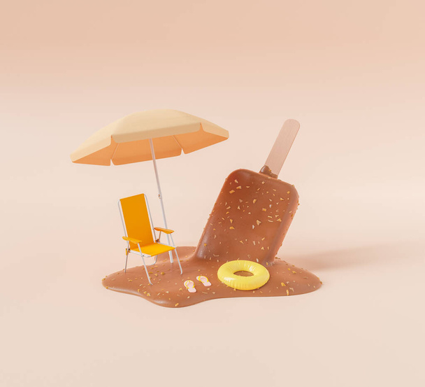 3D ilustrace lehátka a slunečníku umístěné v blízkosti žabek a trubice na roztavené čokoládové zmrzliny během letních prázdnin na broskvovém pozadí - Fotografie, Obrázek