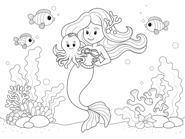 Mermaid on the seabed with sea animals. Raster illustration, page for printable children coloring book. - Foto, imagen