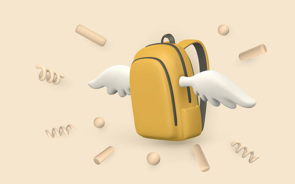 Cute cartoon yellow backpack with wings and confetti. 3d realistic school bag. Back to school concept. Vector illustration. - Vektör, Görsel