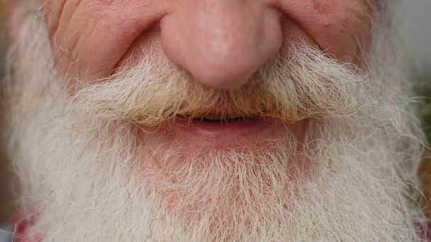 Close-up macro portrait of carefree senior old grandfather man 60s wrinkled face smiling, laughing. Happy bearded stylish grey hair elderly mature retired grandpa pensioner male guy posing at camera. - Foto, Imagem