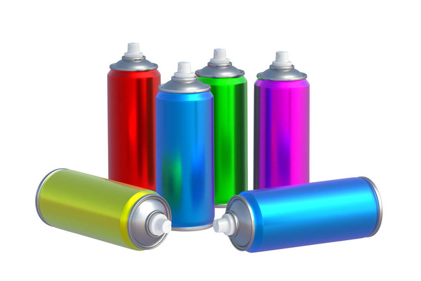 Cans of spray paint isolated on white background. 3d render - Φωτογραφία, εικόνα
