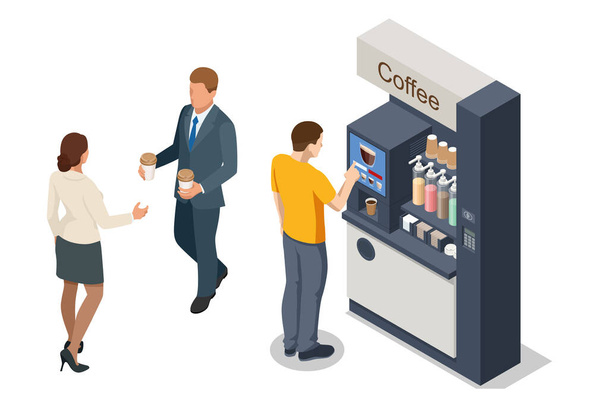 Az izometrikus önkiszolgáló kávéfőző gépek következetes minőségi kávét kínálnak. Vending gép kávéval a szupermarketben - Vektor, kép