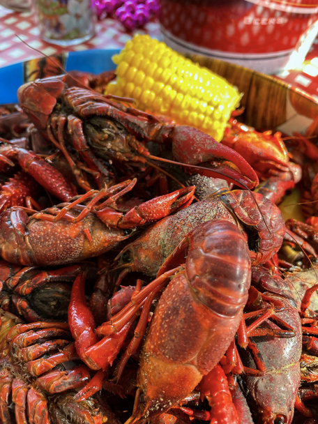 Close up view of a large amount of boiled crawfish being served during summer - Foto, afbeelding