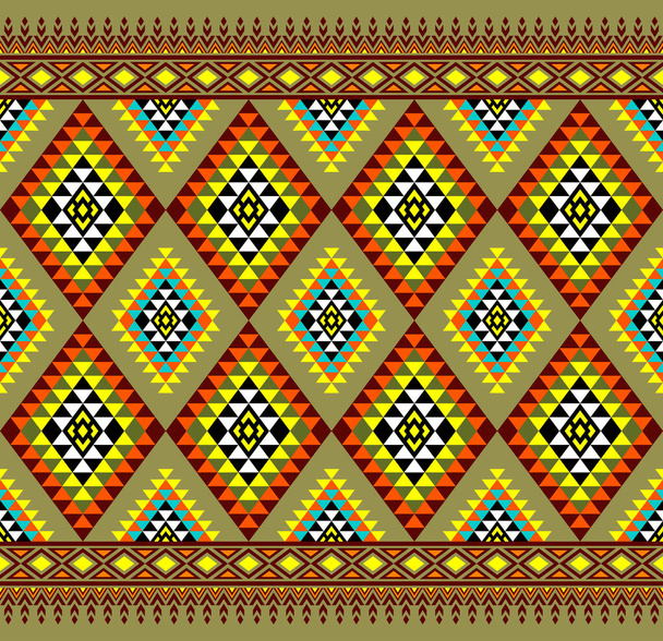 Yellow Green Symmetry Geometric Triangle Ethnic Seamless Pattern Design on Flat Green Background. Eastern Embroidery Rhomboid Style - Vecteur, image