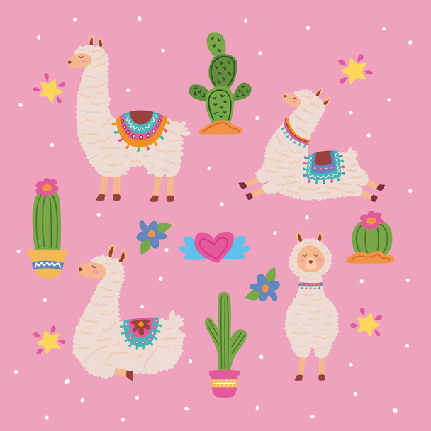 cute llamas and cactus pattern - Vettoriali, immagini