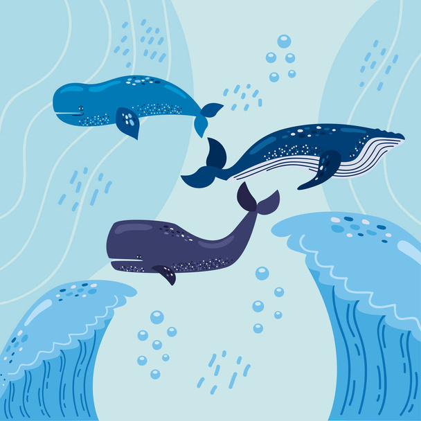 whales and sea waves scene - Vector, afbeelding