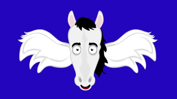 Loop animation of the face of a cartoon pegasus or winged horse, moving its wings. On a blue chroma key background - Felvétel, videó