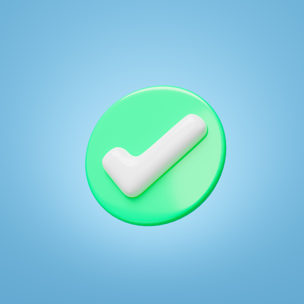 3D Realistic check mark button icon. Green circle with white tick floating on blue background. Symbol Right, ok, yes, accept and safe concept. Cartoon icon minimal style. 3d rendering Illustration. - Foto, Bild