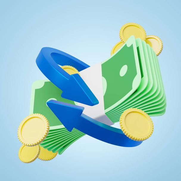 3d Arrow circle icon, bundles cash money, coins floating on blue background. Mobile banking, Online payment service. Cashback and refund. Transfer banknote. Currency exchange. Saving dollar. 3d render - 写真・画像