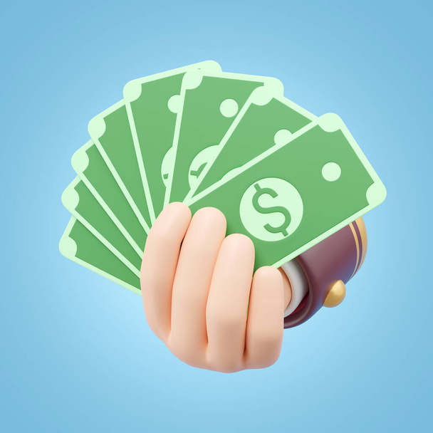 3D Hand holding banknote icon. Cartoon businessman wearing red suit holds a fan of money floating isolated on blue background. Money saving, shopping online payment concept. Cartoon minimal 3d render. - Photo, Image
