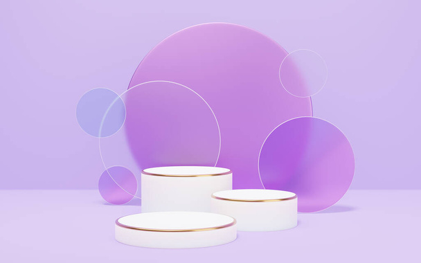 3 white marble cylinder podium with gold border on glass arch circle purple background. Empty pedestal mockup space for display product design. Abstract minimal studio geometric object. 3d rendering. - Valokuva, kuva