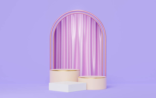 3d viejo podio de cilindro de rosa con borde de oro, cubo blanco sobre arco púrpura, fondo de cortina rosa. Espacio vacío de la maqueta del pedestal para el producto de la exhibición. Objeto geométrico de estudio mínimo abstracto. 3d renderizar. - Foto, Imagen