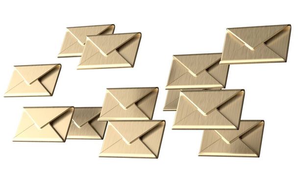 A 3D rendering of golden envelopes on a white background - Photo, Image