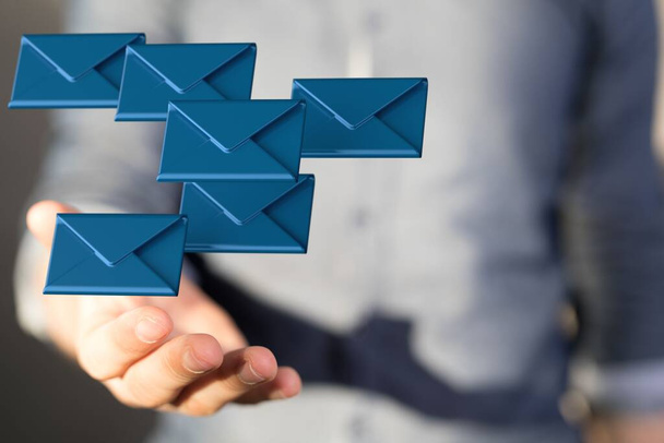A 3D render of an email symbol and Network Communications with a male hand on a blurred background - Photo, Image