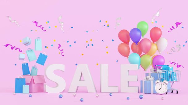 Sale word with gift boxes, shopping cart and bag, podium banner or poster, template for campaign promote on websites and social media, 3D rendering. - Photo, image