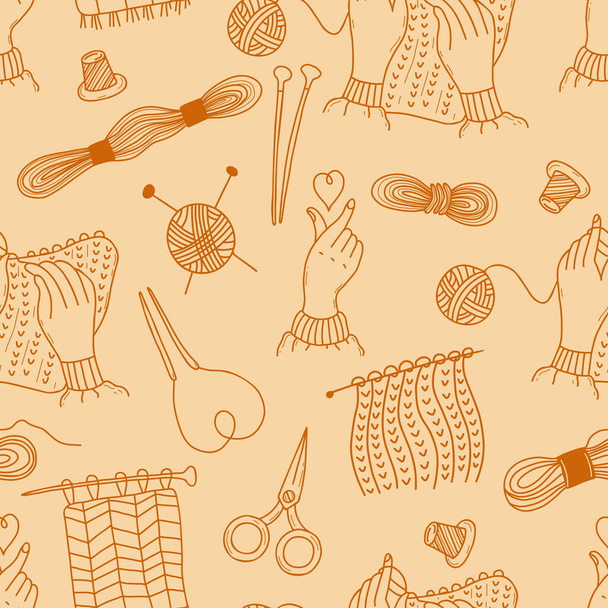 Seamless pattern. Knitting, threads and scissors, heart hand gesture and knitting hands with knitting needles on light yellow background. Vector illustration. Linear hand drawings in doodle style - Vettoriali, immagini