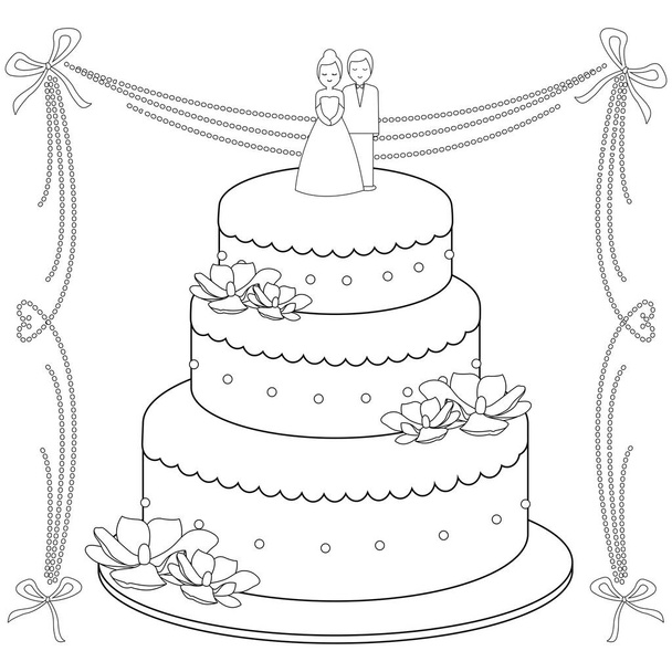 Wedding cake. Vector black and white coloring page - Vector, Imagen